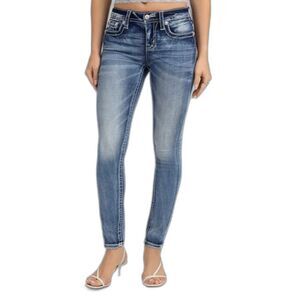 Miss Me Women's Blue Denim Faded Lower Rise Signature Skinny Jeans Size 28